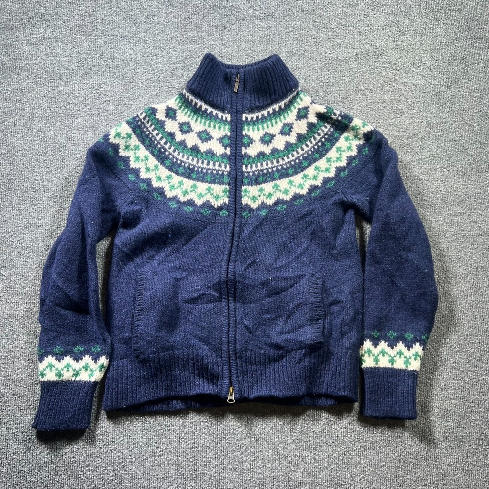L.L. Bean Sweater Womens Small Navy Blue Fair Isle Full Zip Pockets Cottagecore